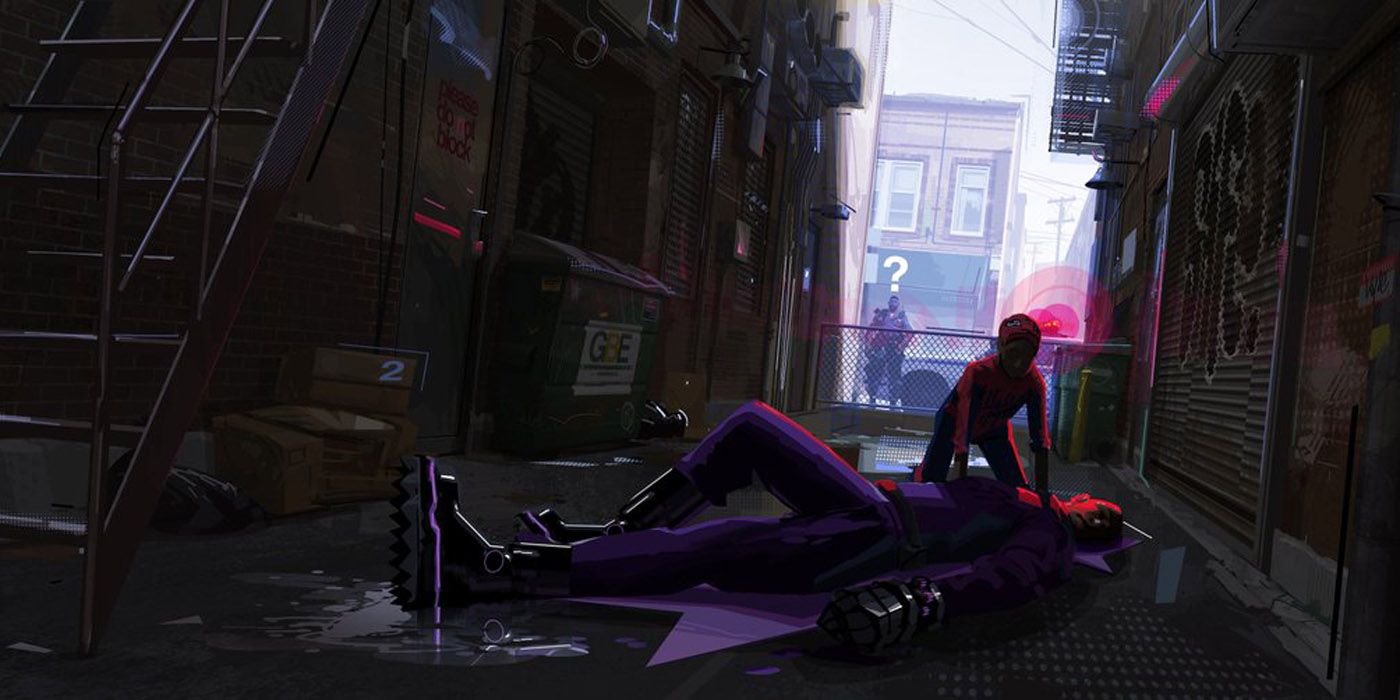 Miles Morales mourns his uncle Aaron's death.