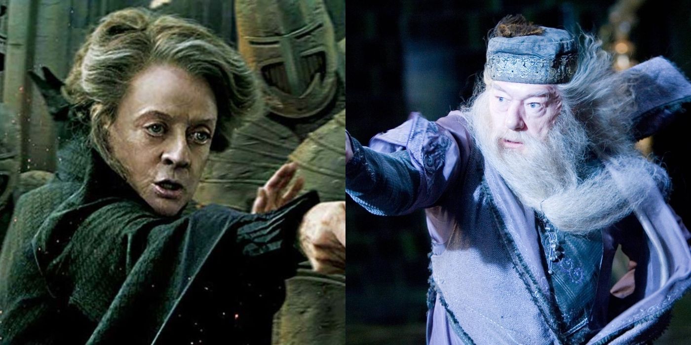 Minerva McGonagall and Albus Dumbledore in dueling positions on Harry Potter