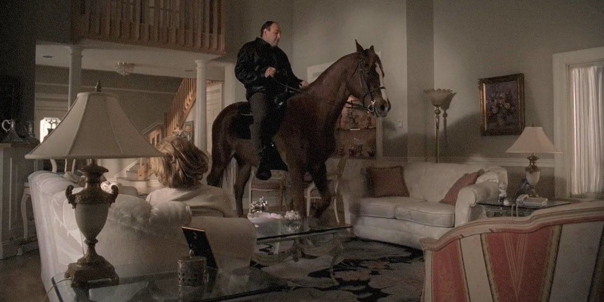 Tony rides the horse Pie-Oh-My in the living room during one of his dreams in The Sopranos
