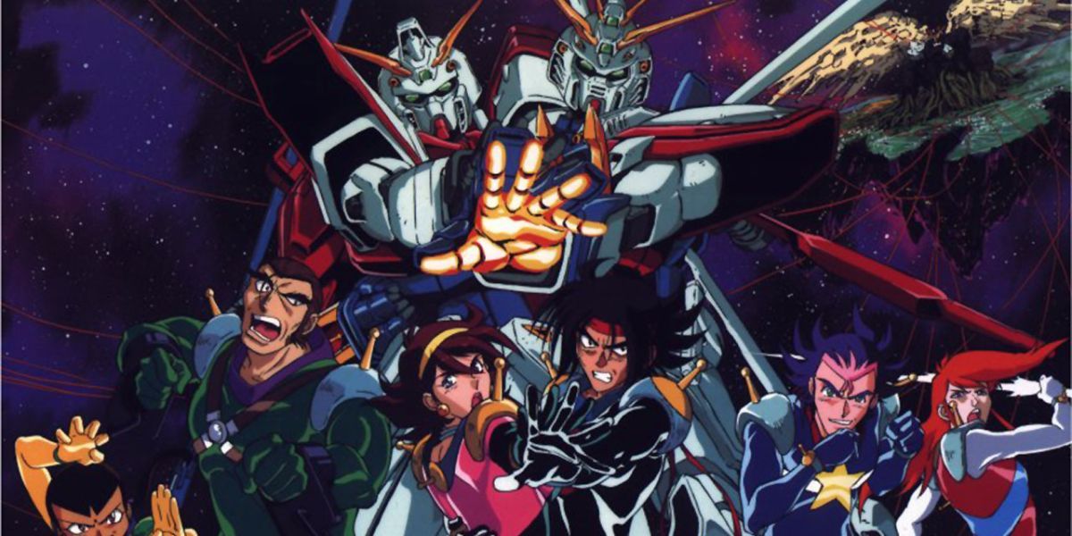 The cast of Mobile Figher G Gundam and some robots.