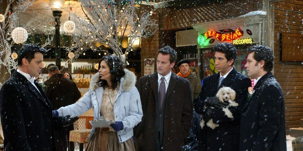 Monica directing everything outside Central Perk for Phoebe's wedding in Friends
