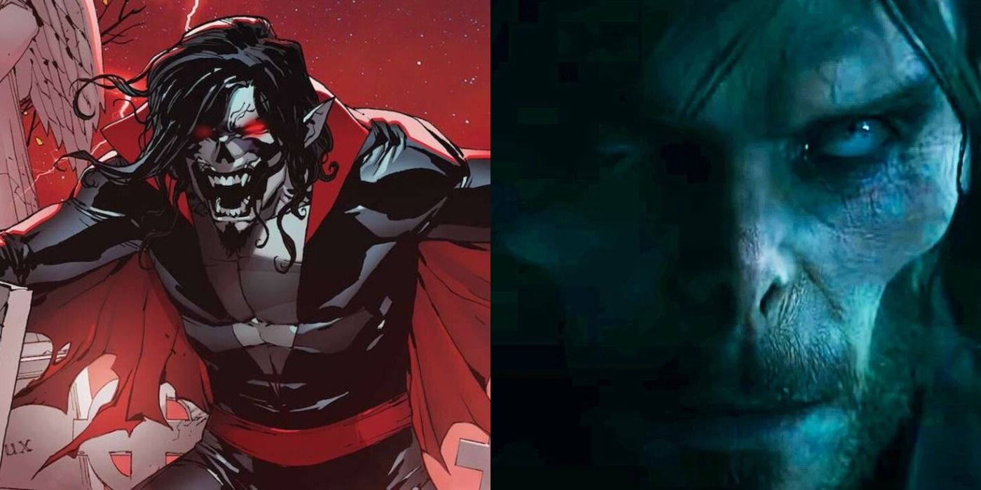 Split image of Morbius from Marvel Comics and from Sony movie.