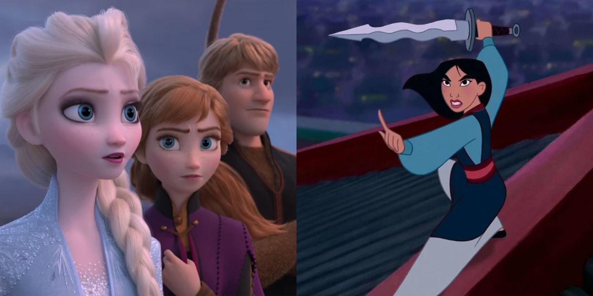 Split image depicting Elsa, Anna, and Kristoff in Frozen II, and Mulan holding a sword in the original 1998 film