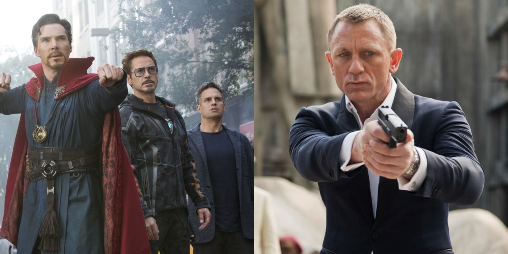 Split image showing Doctor Strange, Tony Stark, and Bruce Banner in Infinity War, and James Bond pointing a gun in Skyfall