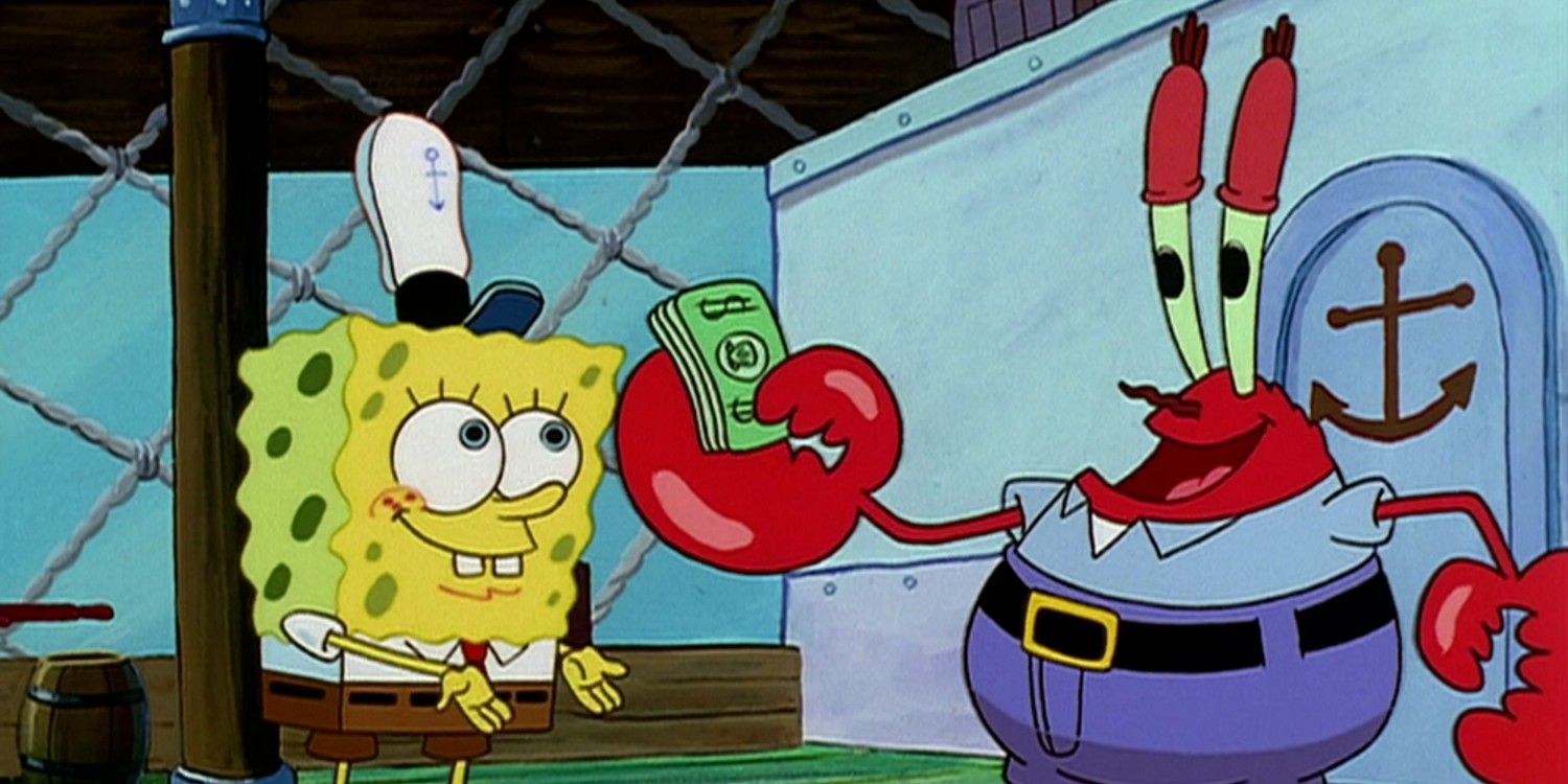 Mr. Krabs giving SpongeBob money in an early episode of SpongeBob SquarePants.