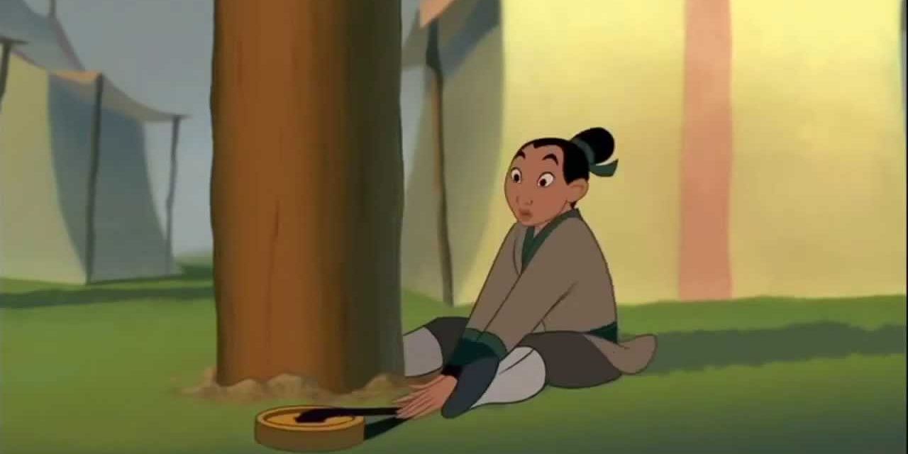 Mulan falls down when trying to climb the pole