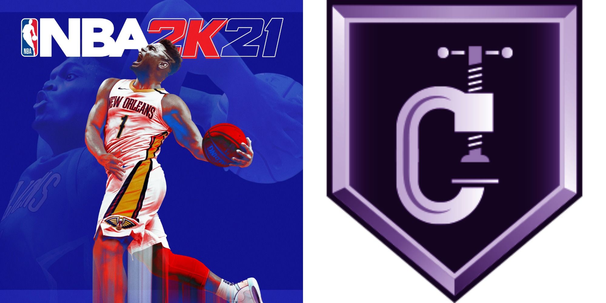 Split image of the cover for NBA 2K21 and the Clamps badge