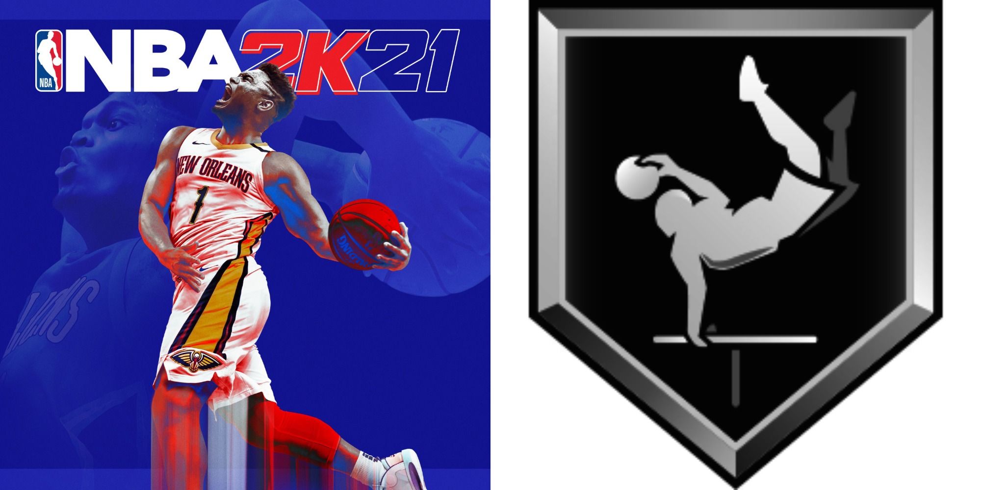 A split image of the NBA 2K21 cover and the game badge