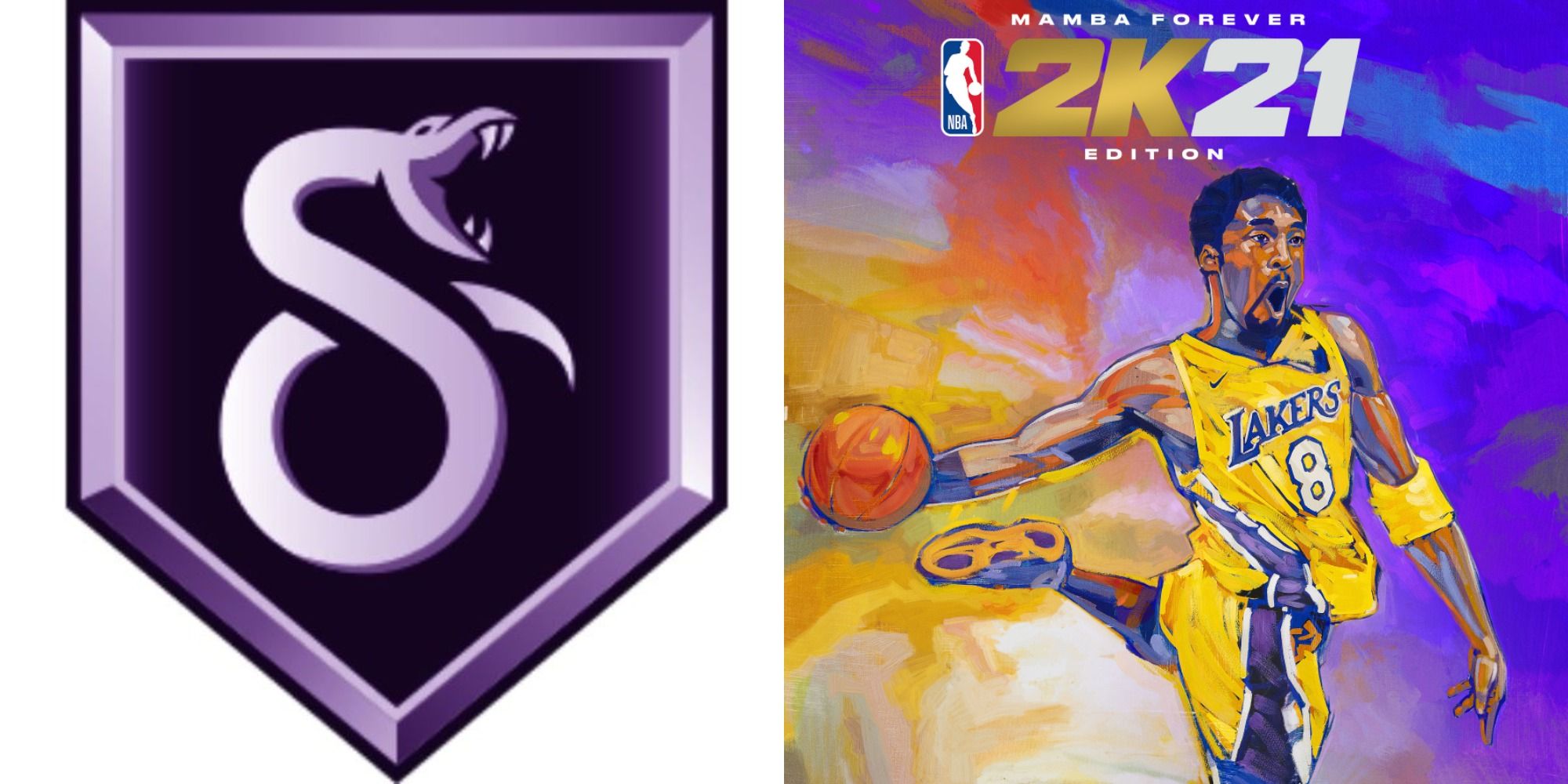 Split image of the slippery finisher badge and the Kobe Bryant NBA 2K21 cover