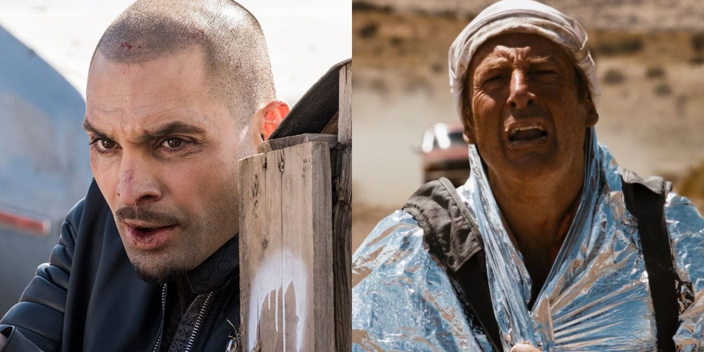 Split image of Nacho hiding behind something and Saul in the desert with foil blanket