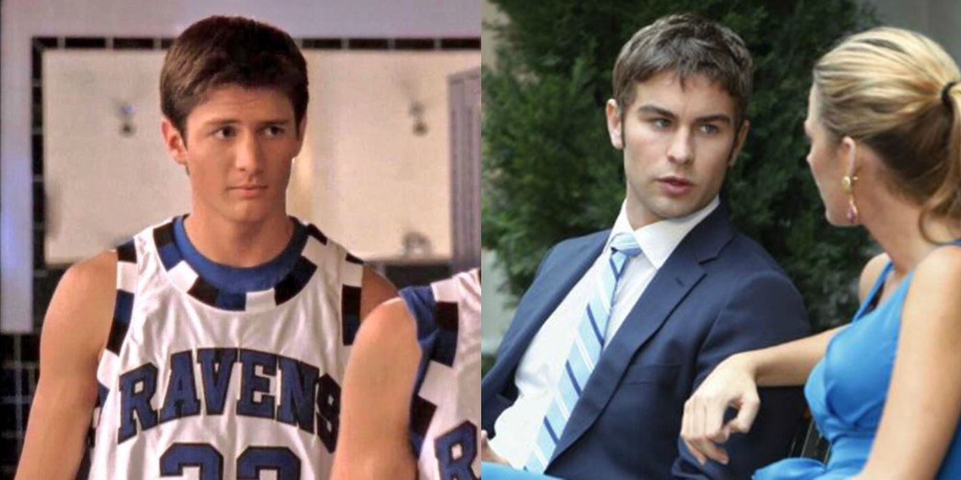 Nathan wearing his high school basketball uniform on One Tree Hill and Nate and Serena sitting on a bench and talking on Gossip Girl