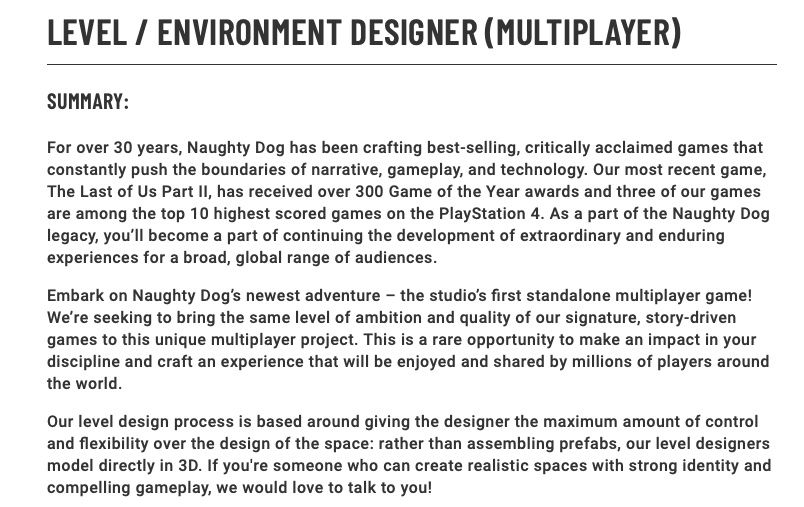 Last Of Us 2 Dev’s Standalone Multiplayer Game Confirmed By Job Listing
