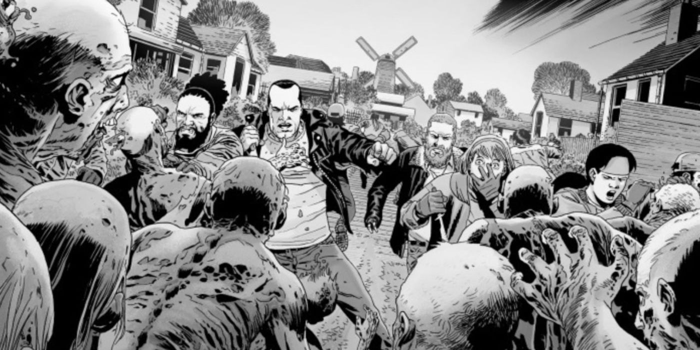 Negan fighting walkers in The Walking Dead comics.