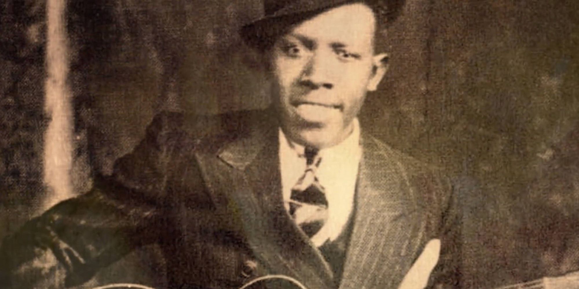 An image of guitarist Robert Johnson used in the Netflix documentary Devil at the Crossroads.