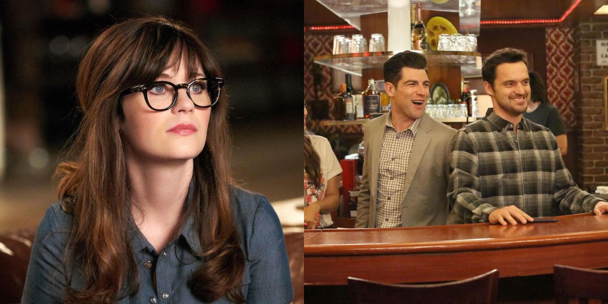 Split image showing Jess looking to the distance, and Nick and Schmidt smiling while standing behind a bar