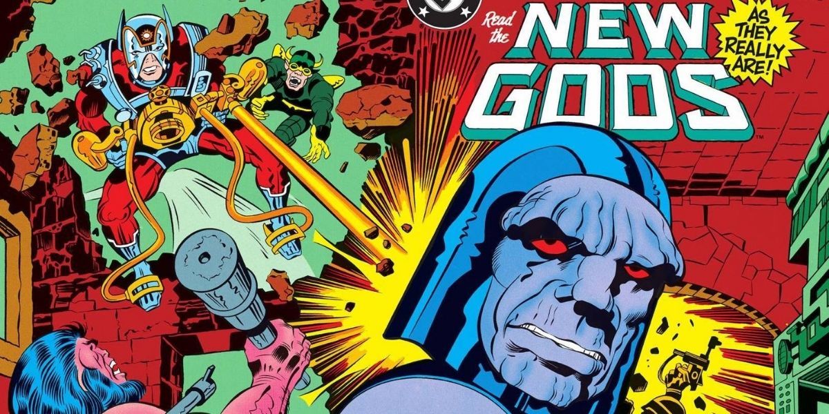 Darkseid in the middle of a battle as orion flies and blasts his big head in DC Comics.