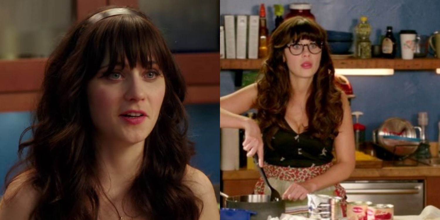 Jess stands in the same spot in the changing New Girl kitchen in the pilot and season 2