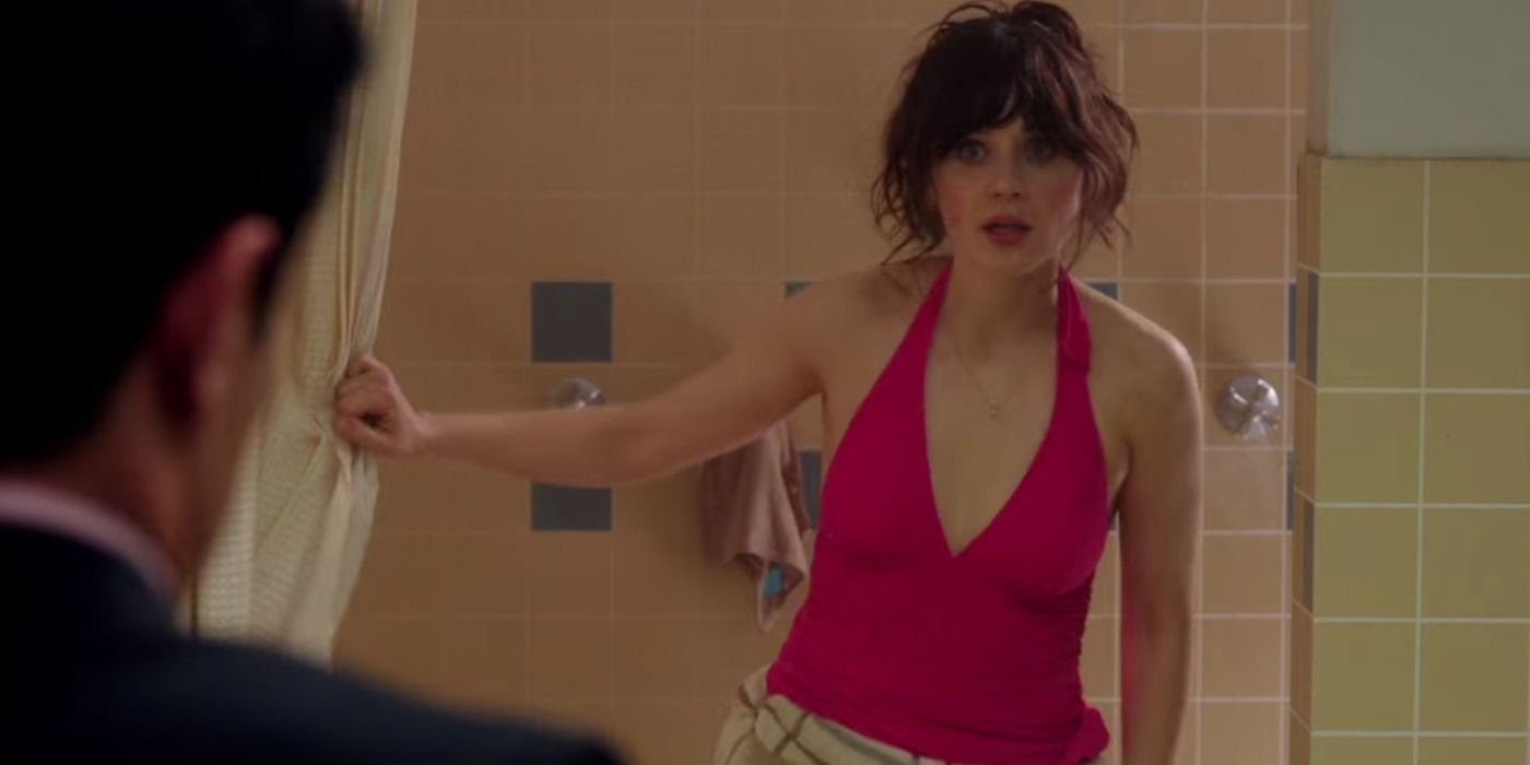 Jess steps out of the shower in a pink swimsuit in the New Girl pilot