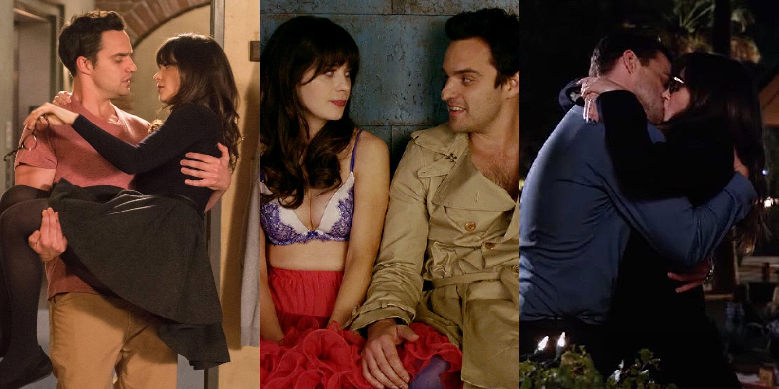 Split image of New Girl's Nick carrying Jess, the two of them sitting together, and Nick and Jess kissing