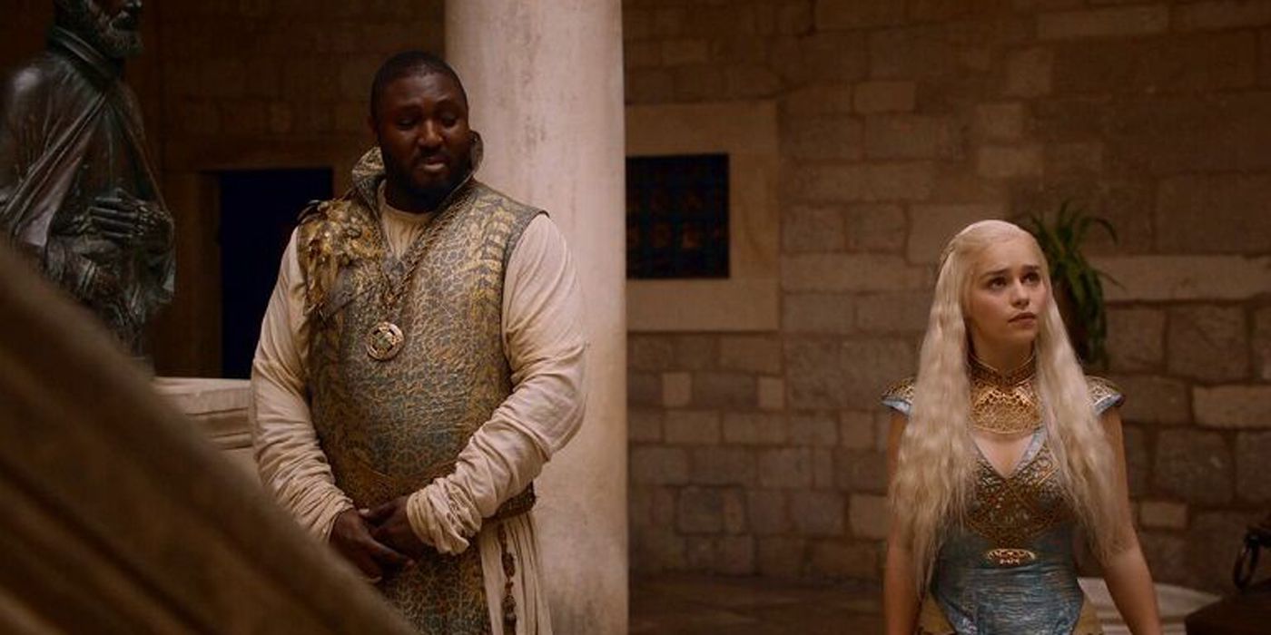 Nonso Anozie as Xaro Xhoan Daxos looking at Dany in Game of Thrones.