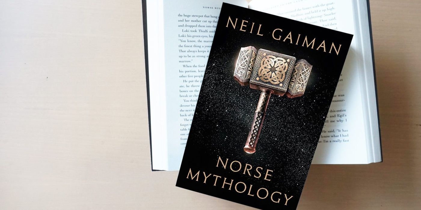 Norse Mythology by Neil Gaiman sitting on another book