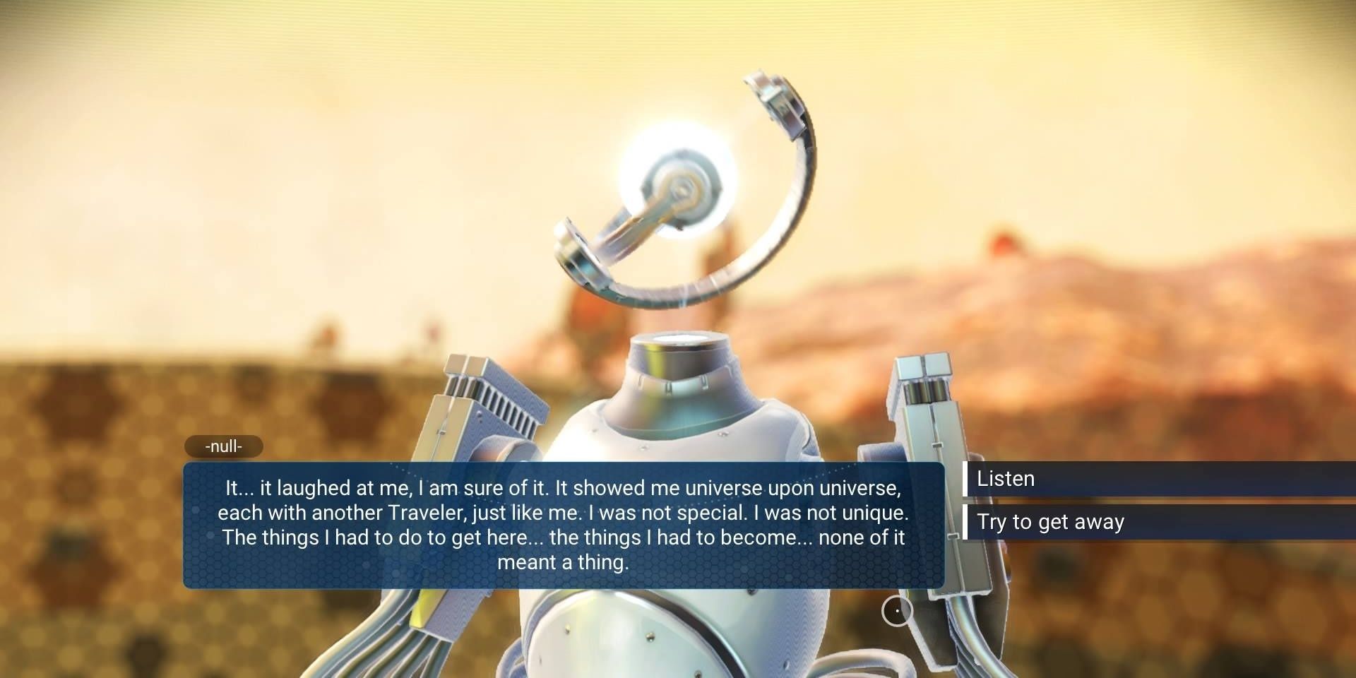 Null speaking to the player about their betrayal of the Atlas