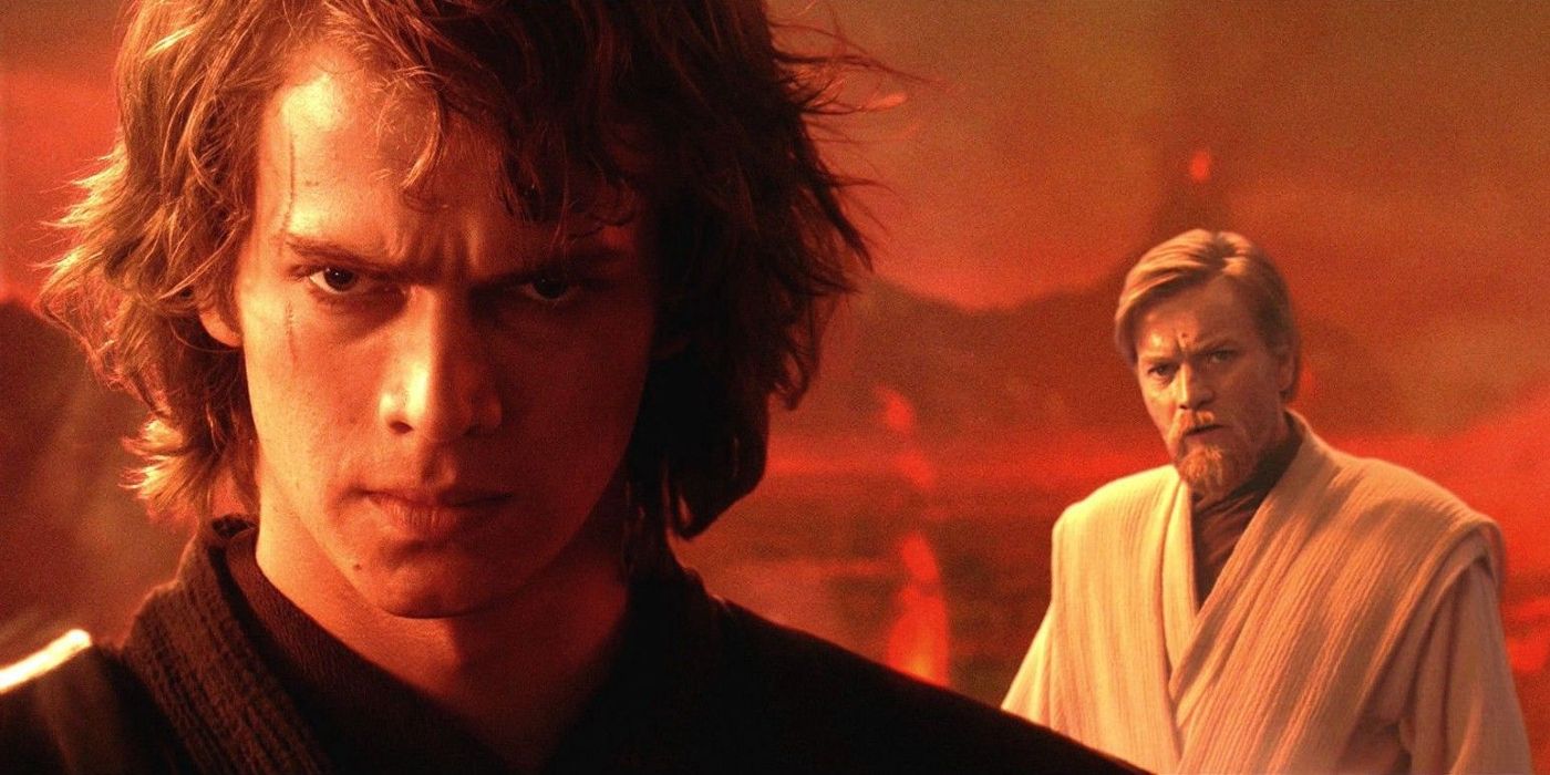 Anakin Skywalker faces forward and Obi-Wan Kenobi looks on behind him on Mustafar in Revenge of the Sith.