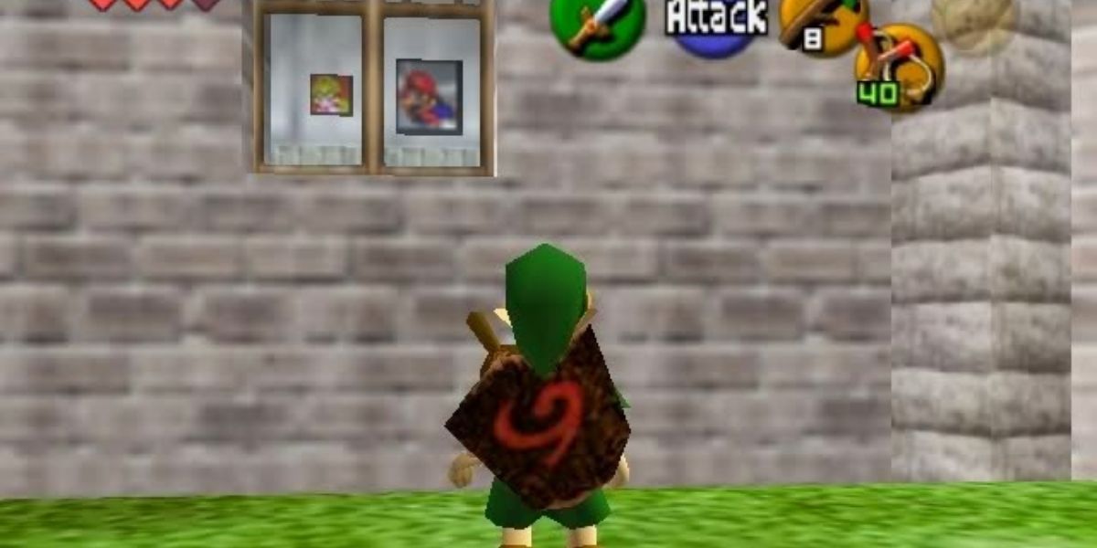 Link standing in front of Mario and Peach's paintings