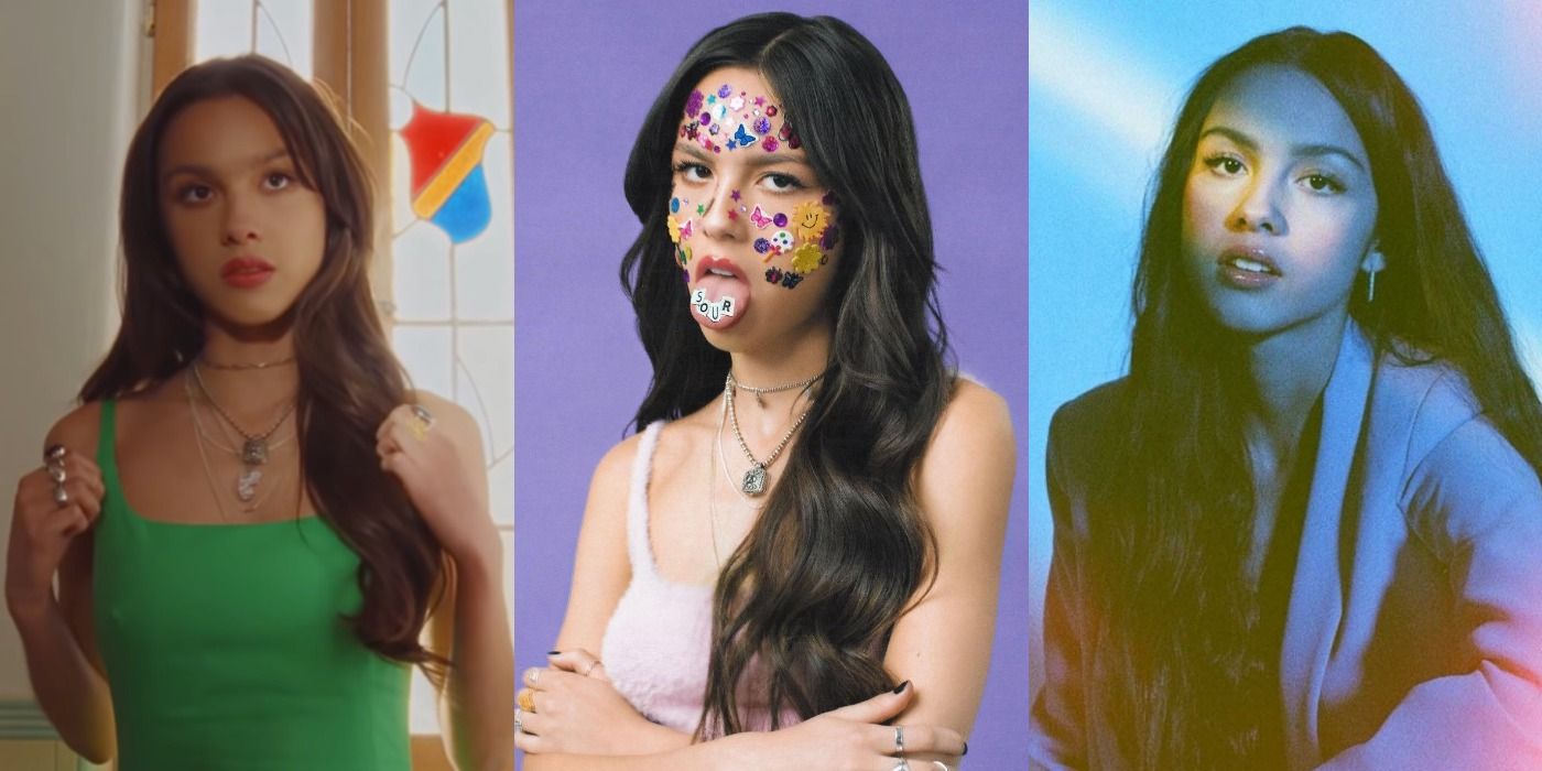 Split image showing Olivia Rodrigo in three different outfits