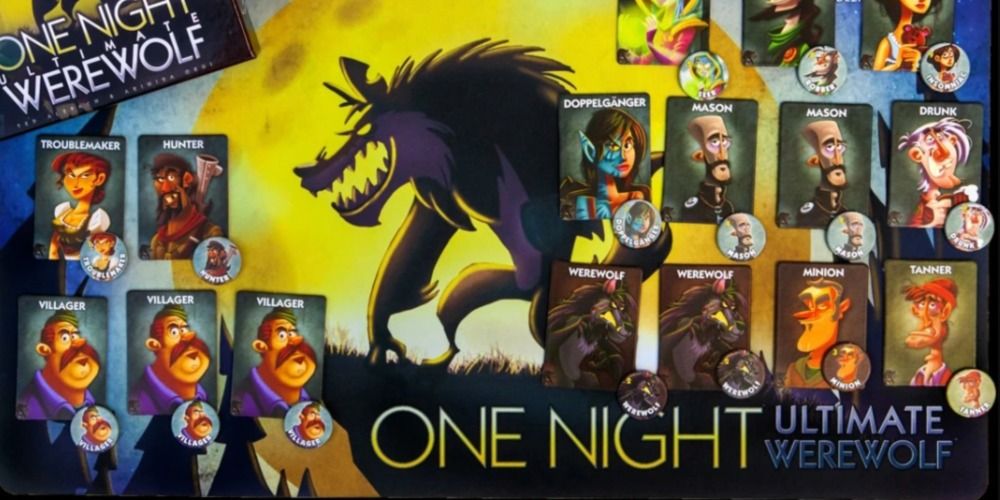 Cards and box for One Night Ultimate Werewolf showing characters