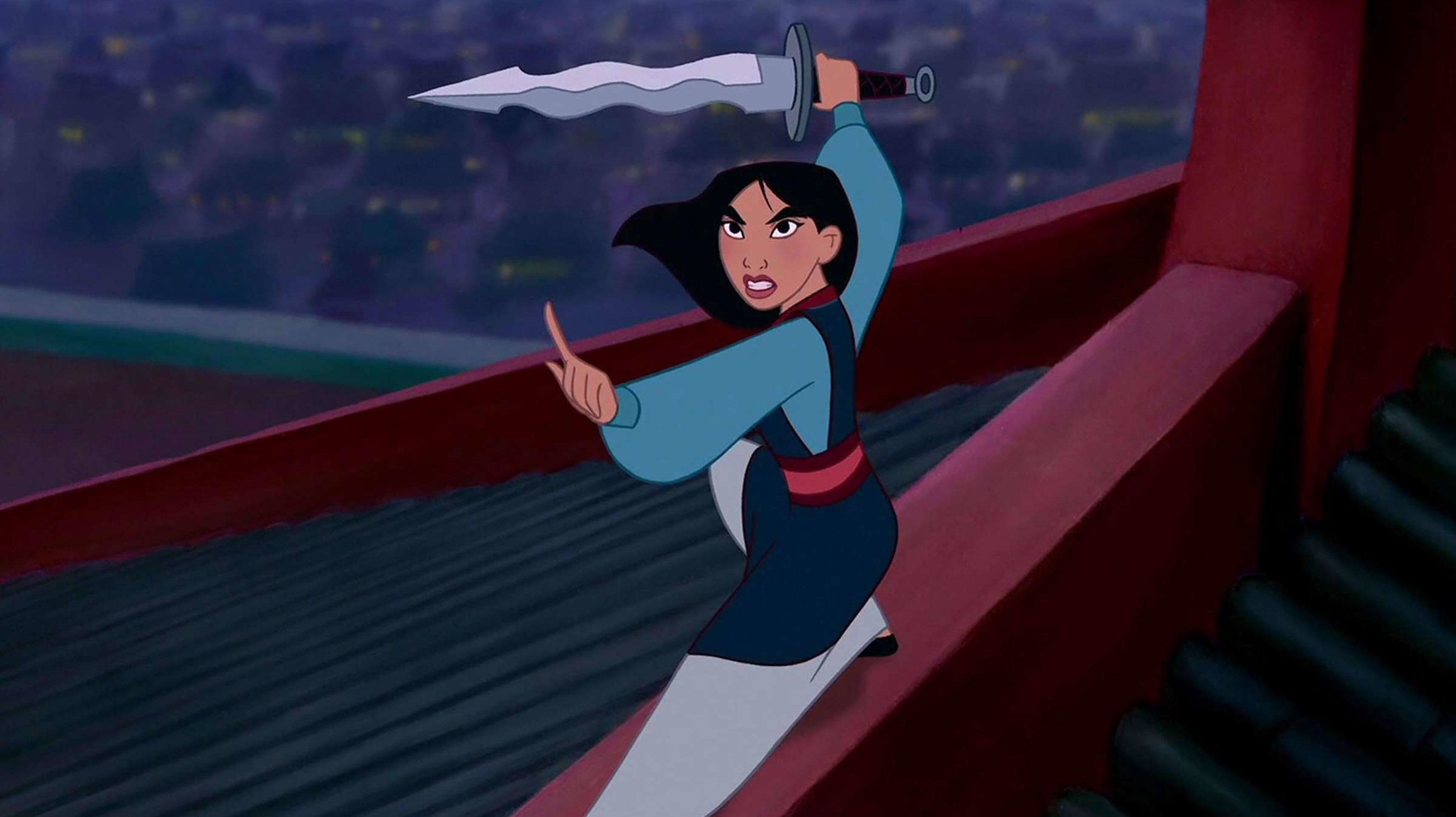 Mulan with a sword on the roof.