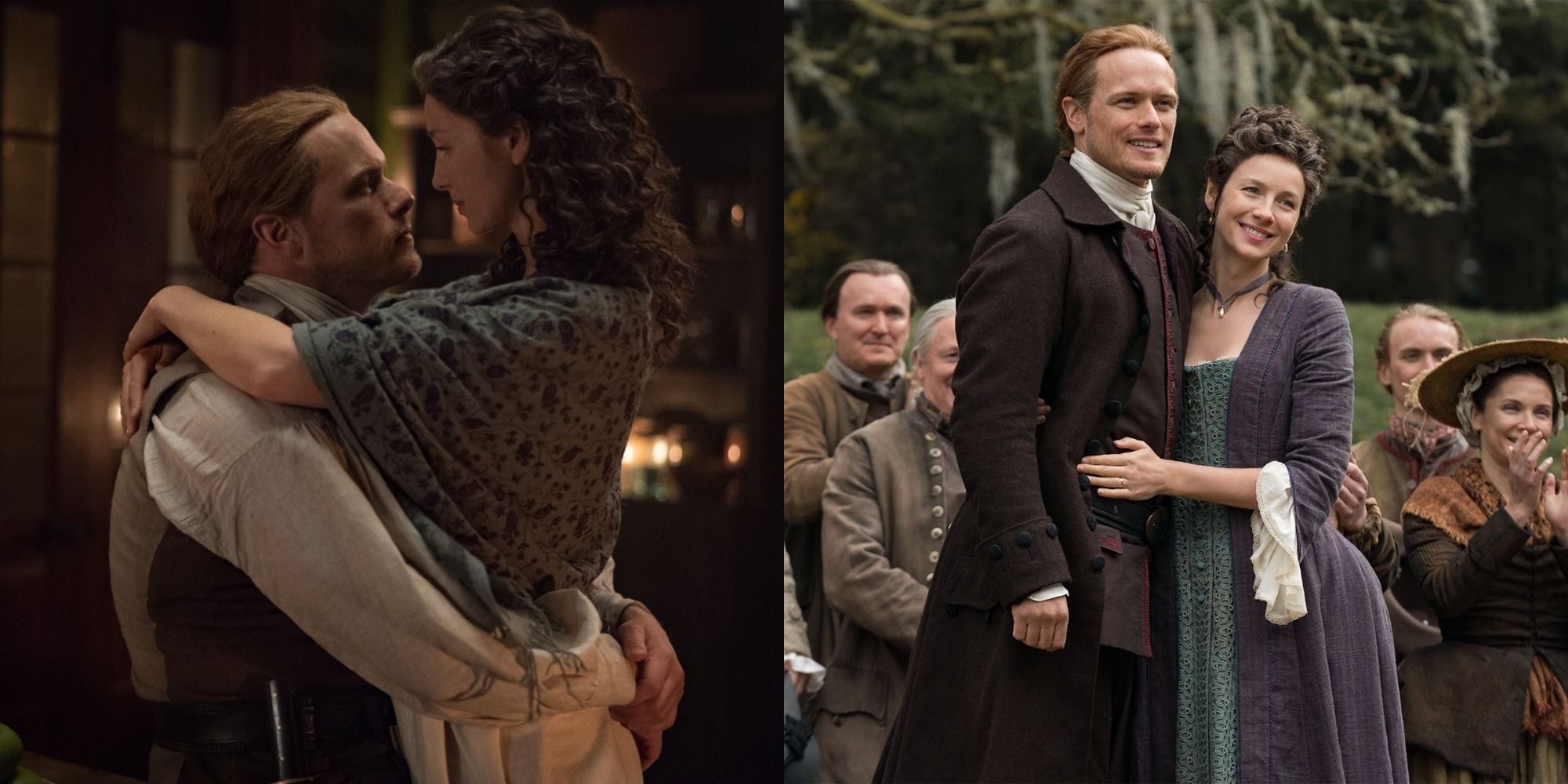 Split image of Jamie and Claire from the Outlander series.