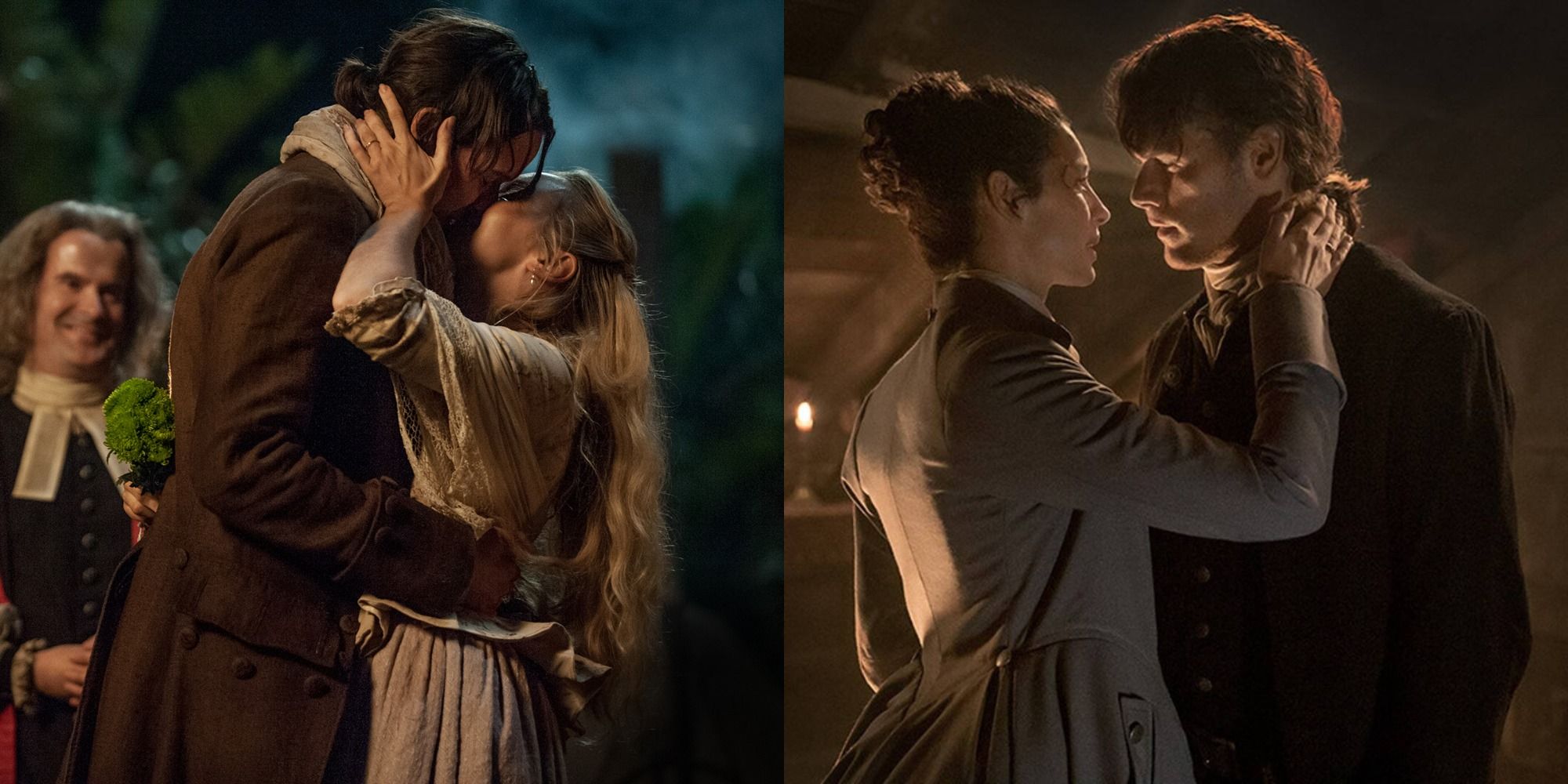 Split image showing Fergus and Marsali getting married, and Jamie and Claire kissing in Outlander