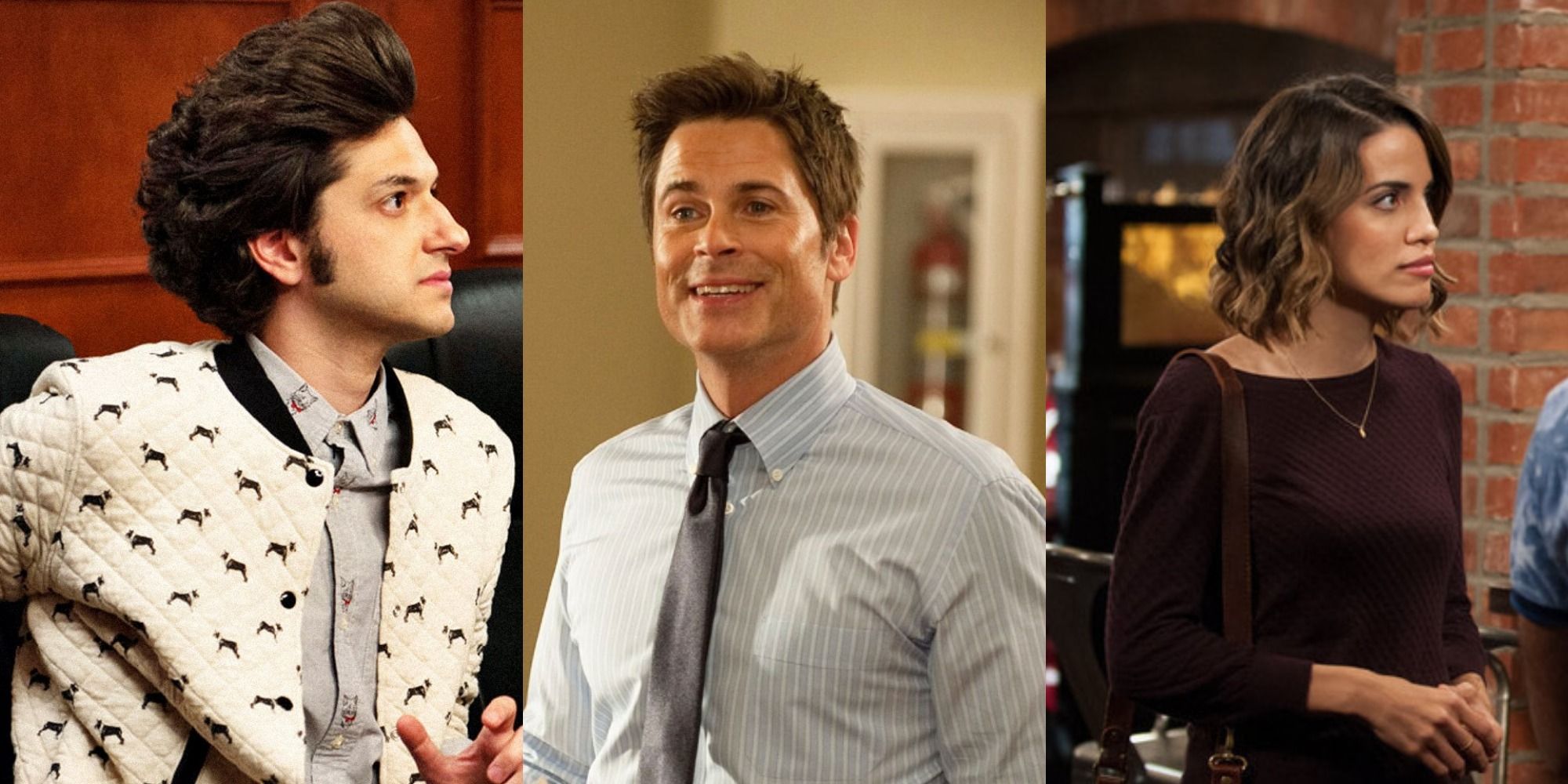 Split image of Jean Ralphio, Chris Traeger and Lucy from Parks and Recreation