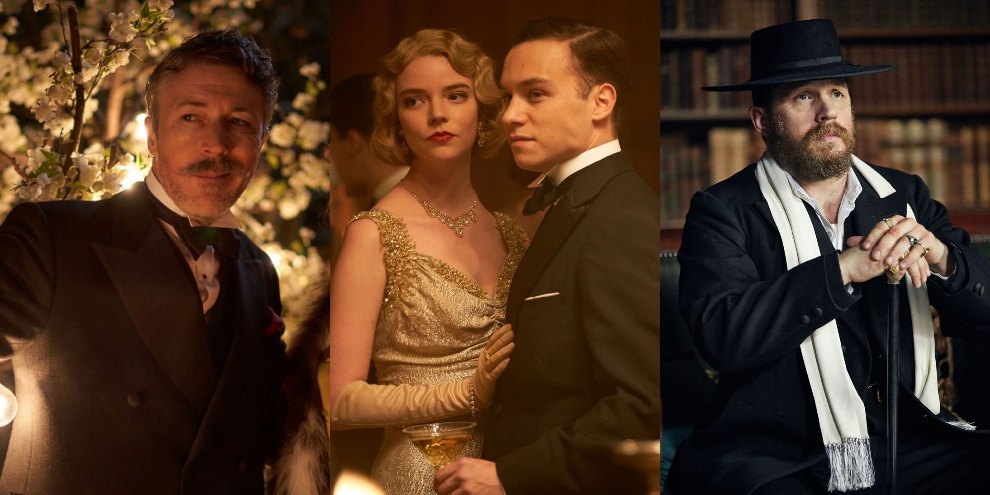 Split image of Aberama Gold pointing, Michael close with his wife Gina Gray, and Alfie Solomons leaning on his cane in Peaky Blinders