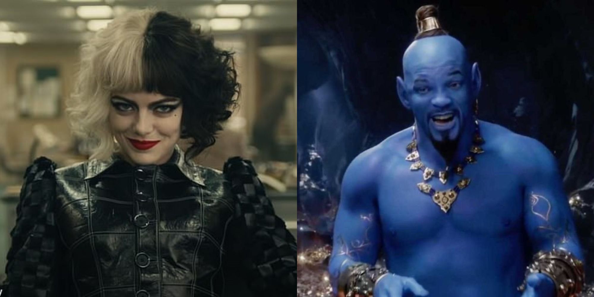 Split image of Emma Stone as Cruella, and Will Smith as Genie