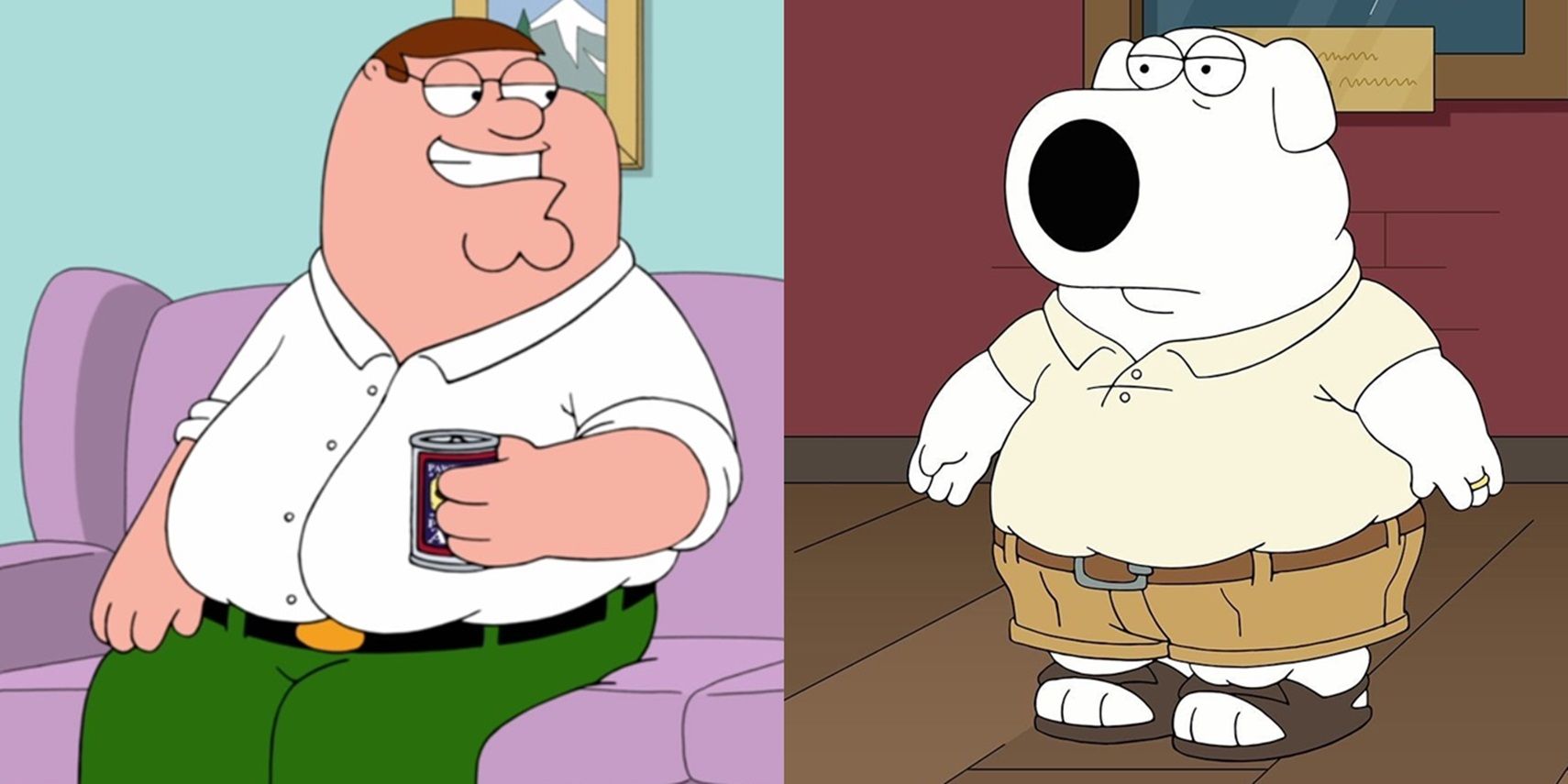 Split image of Peter holding a drunk and an overweight Brian