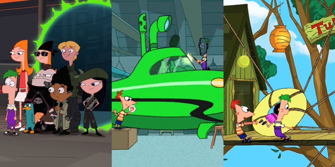 Split image of Disney Channel's Phineas and Ferb cartoon series.
