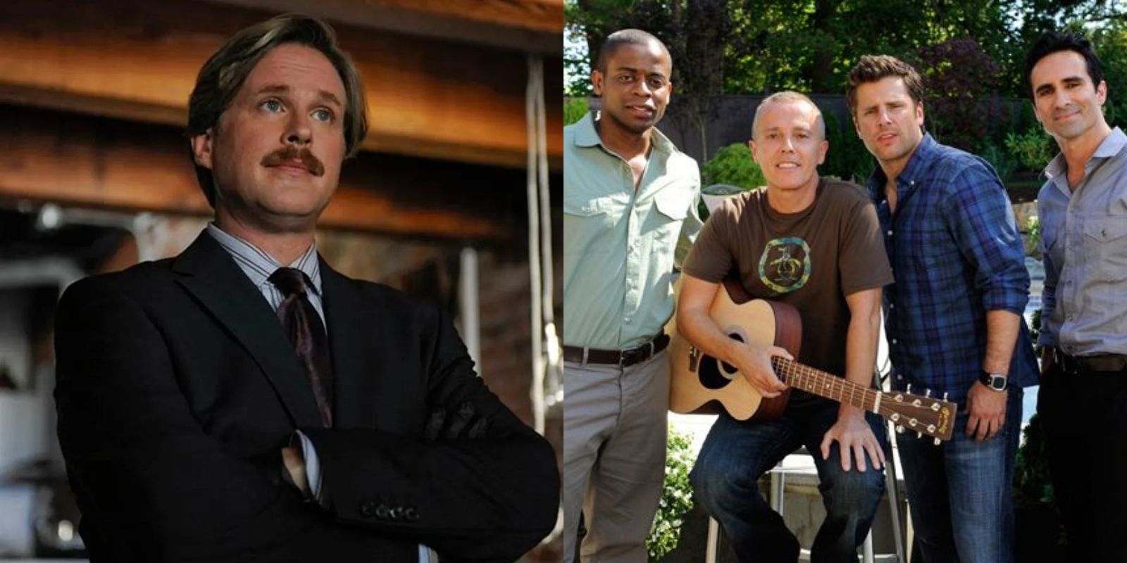 Pierre Despereaux stands with arms folded (L) and Curt Smith poses with the cast members of Psych (R)