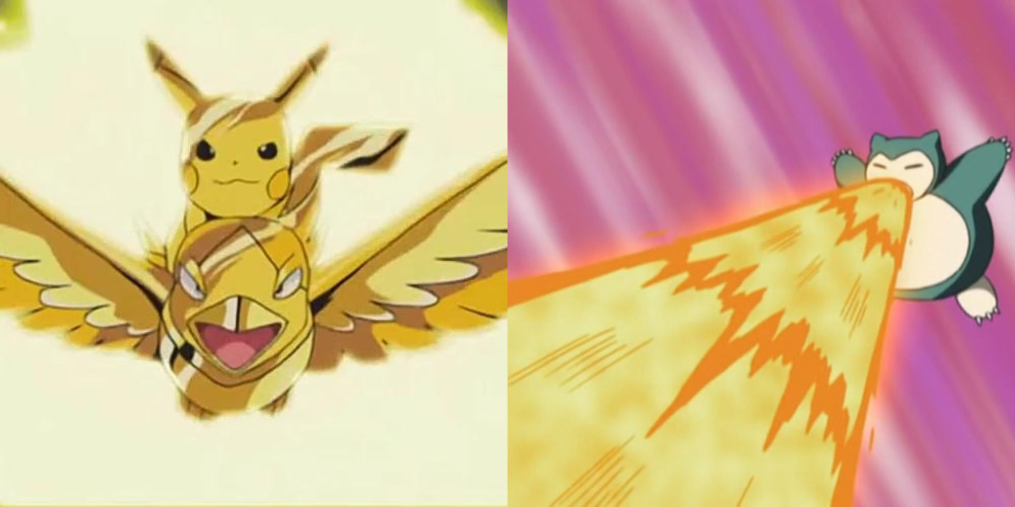 Split image depicting Pikachu using Thunder Armor and Snorlas using Hyper Beam