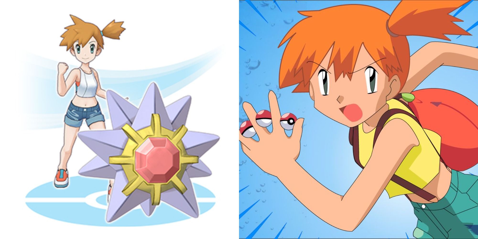 Split imager showing Misty's sprite with Starmie, and Misty in the anime hoding three Pokéballs on her hand