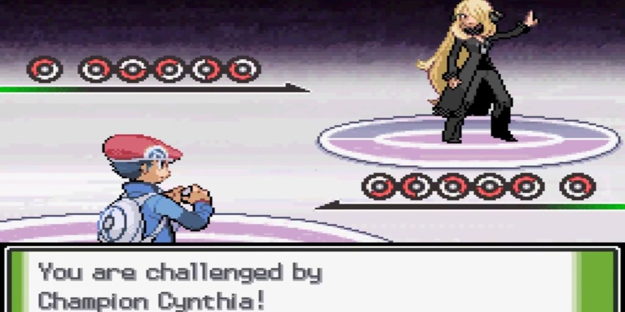 The player character facing Cynthia in battle in Pokemon