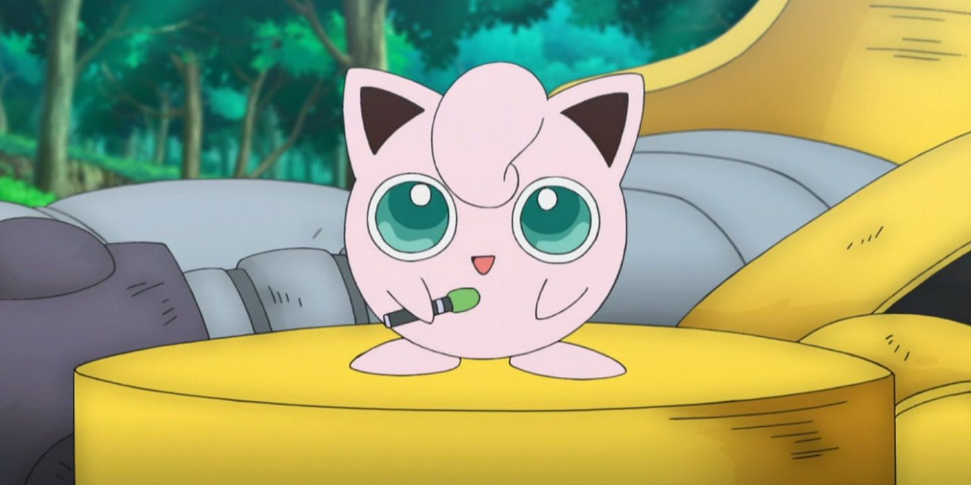 Jigglypuff singing its sleep inducing song on a stage.