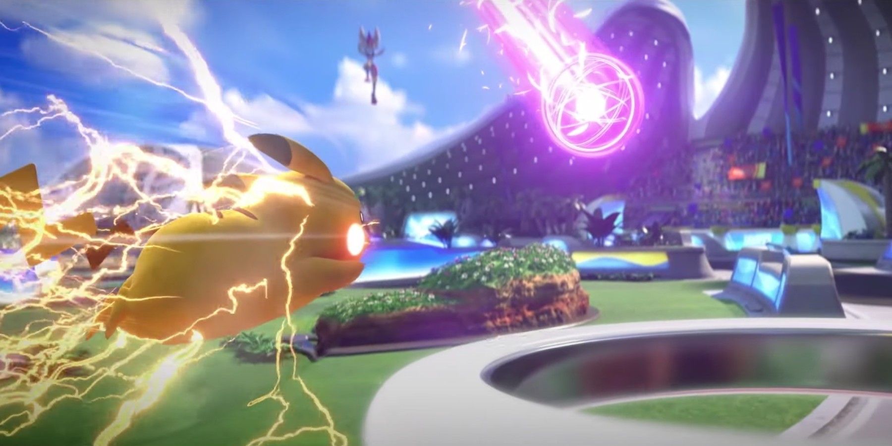 An image from Pokemon UNITE showing Pikachu vs Aeos