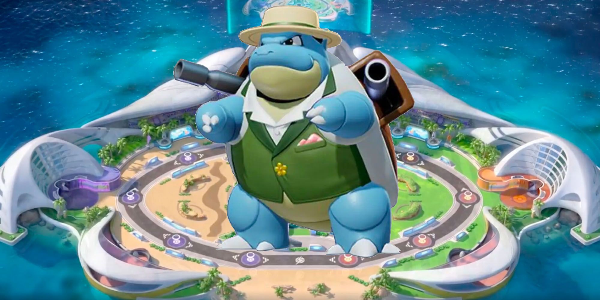 Blastoise wearing a suit and fedora against a Pokémon Unite background