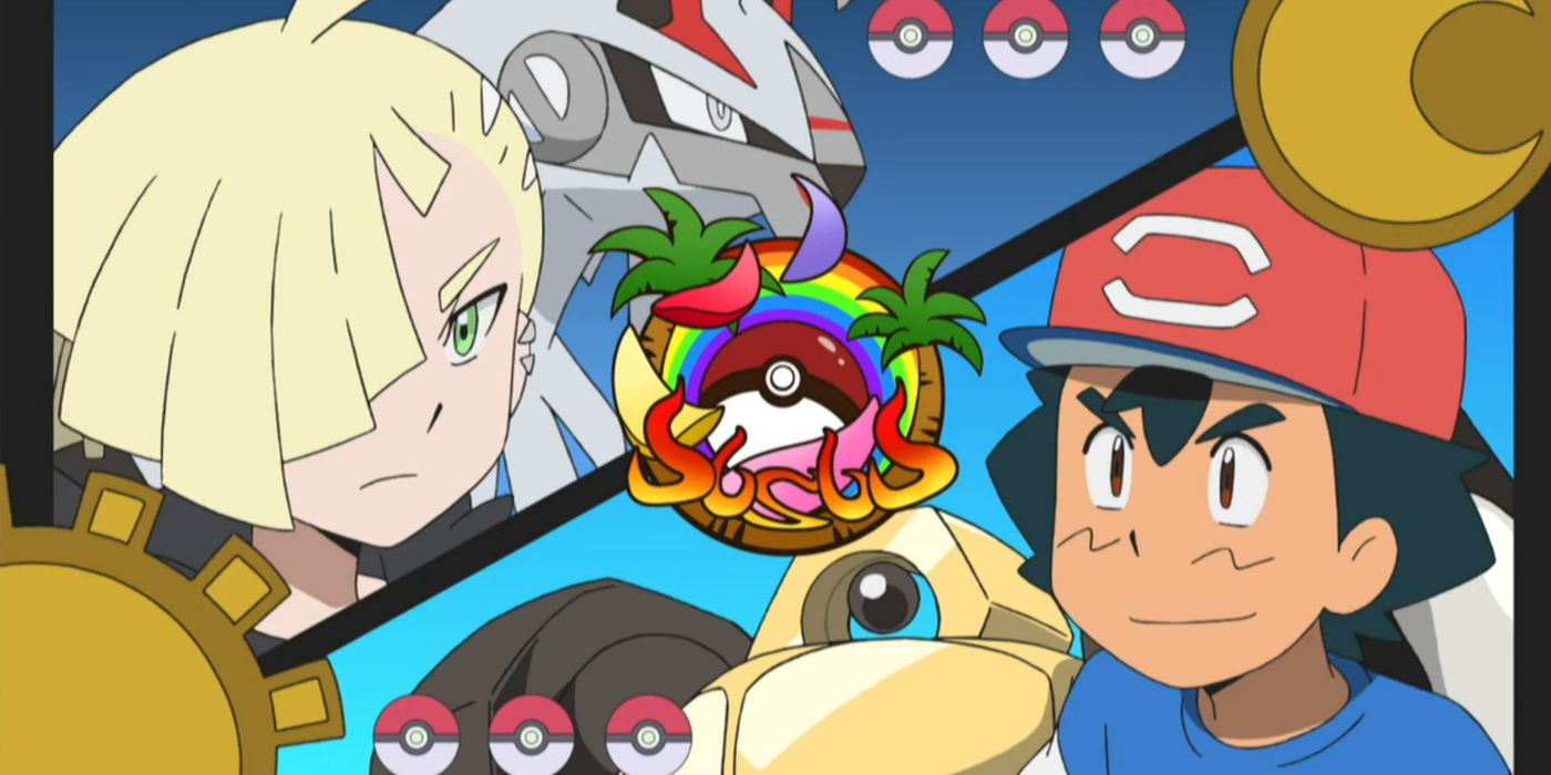 Tela dividida mostrando Gladion e Ash durante a partida no anime Pokémon