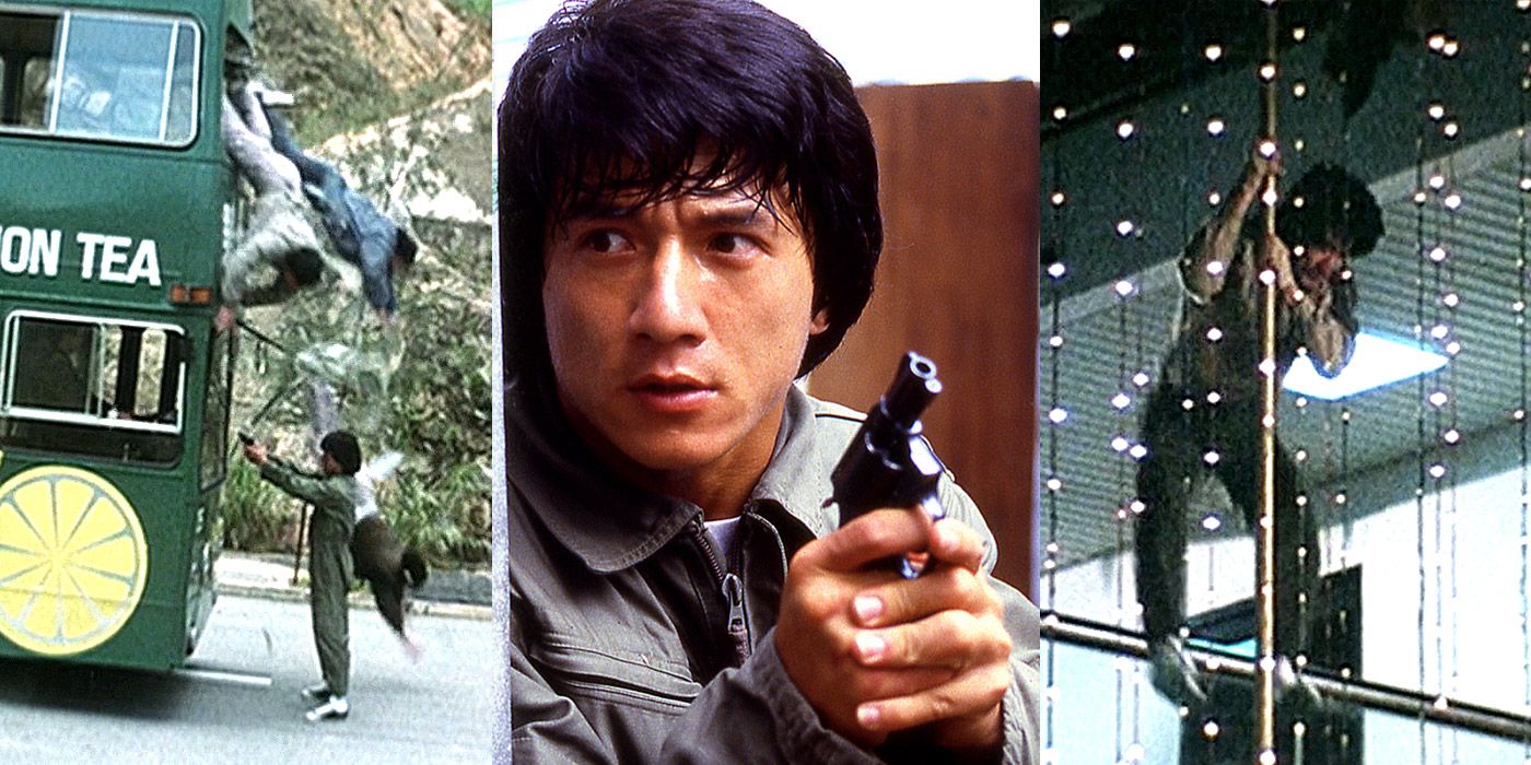 Split image of Jackie Chan and two stunts from Police Story