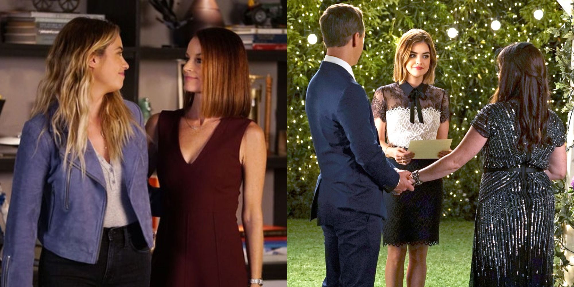 Split image showing Hanna and Ashley hugging, and Aria marrying her parents