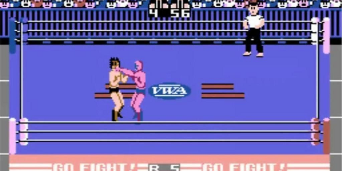 Two wresters competing in Pro Wrestling 1987 on NES