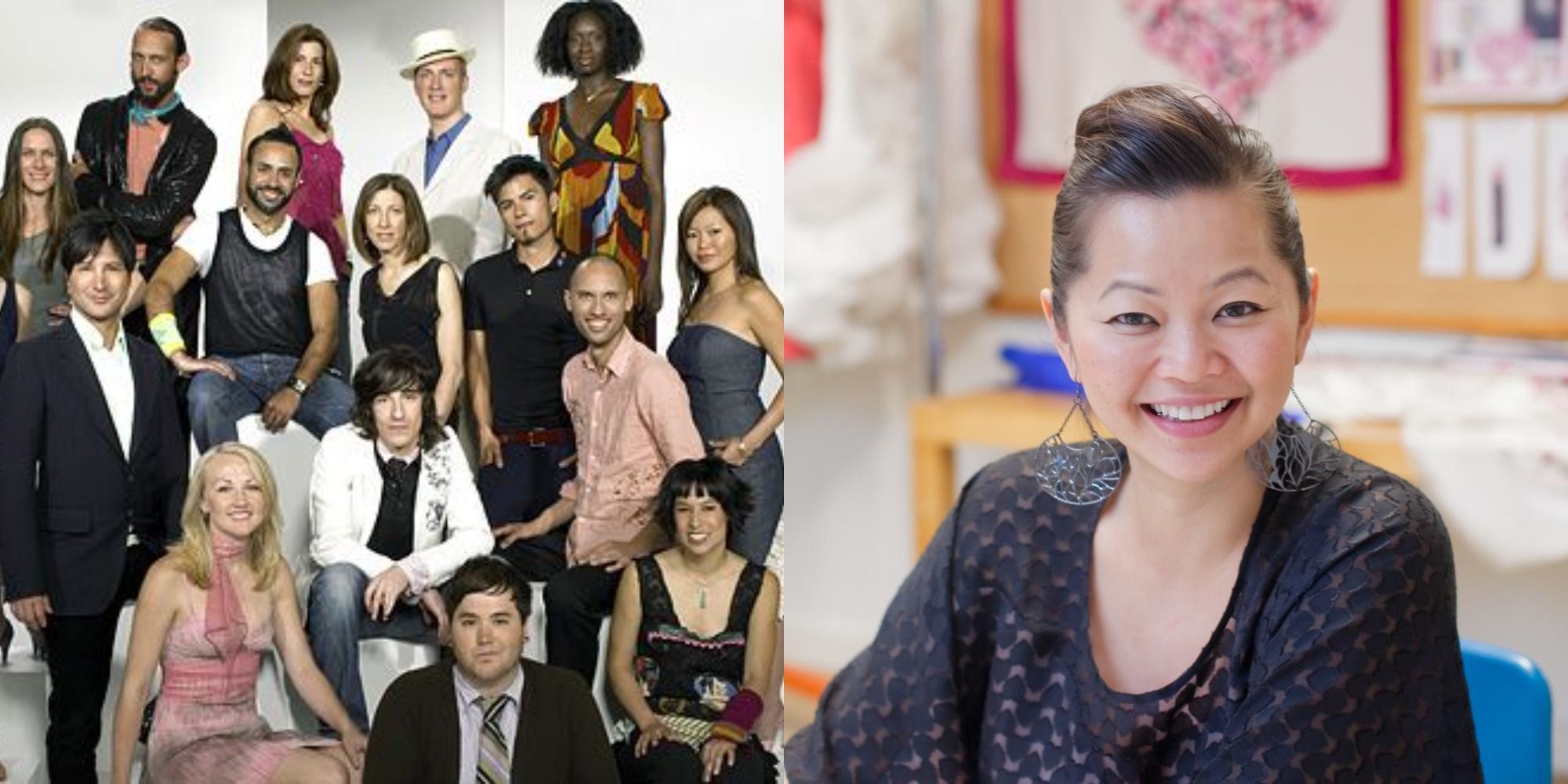 SPlit image showing the cast of Project Runway Season 2, and the winner, Chloe Dao